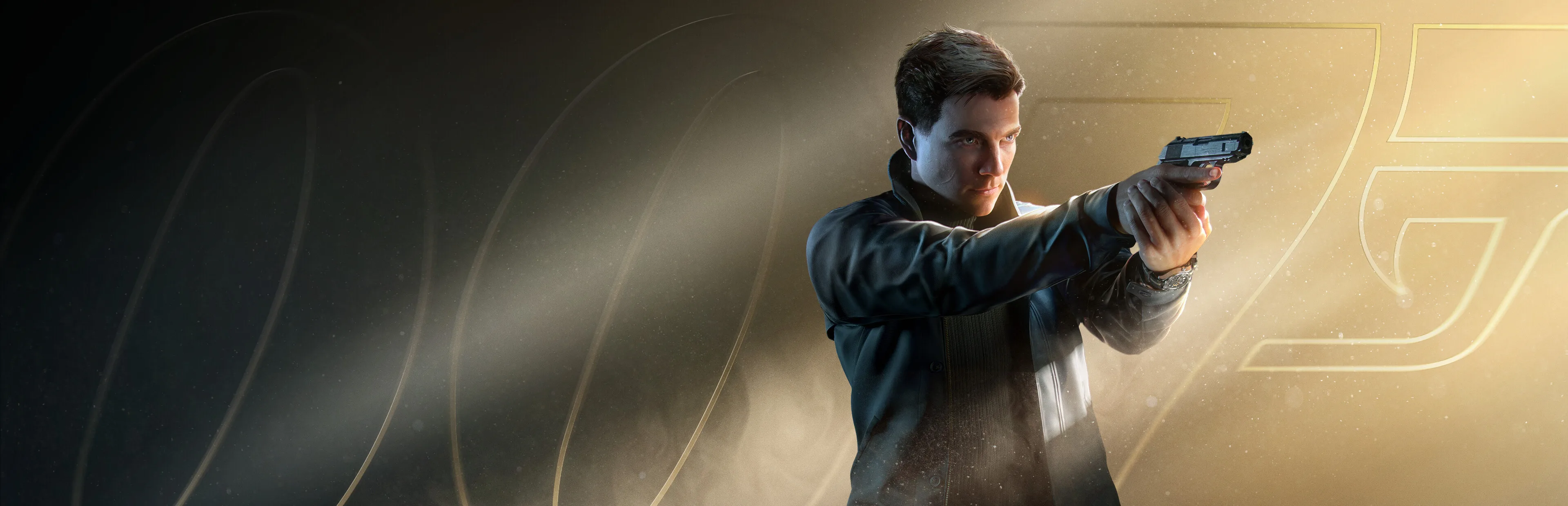 Wide key art banner for 007 First Light featuring James Bond against a moody, cinematic backdrop.