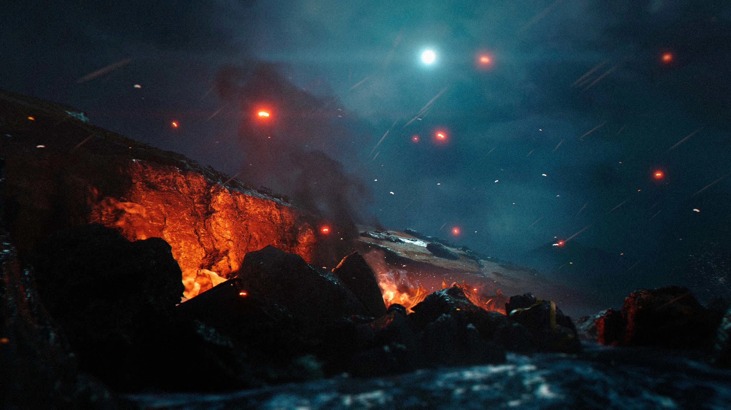 A burning Icelandic coast at night in 007 First Light