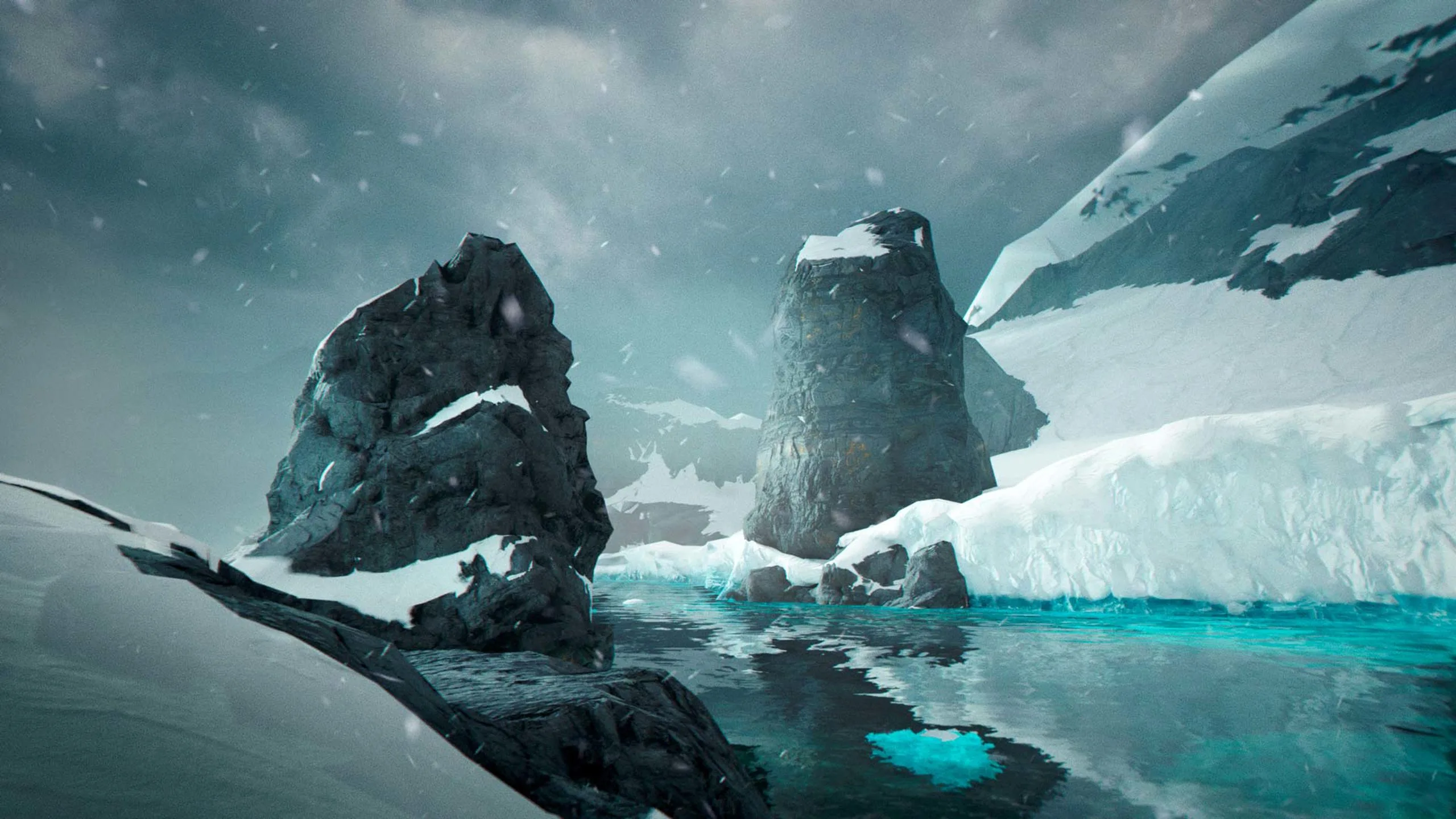 An icy Antarctic coastline in 007 First Light