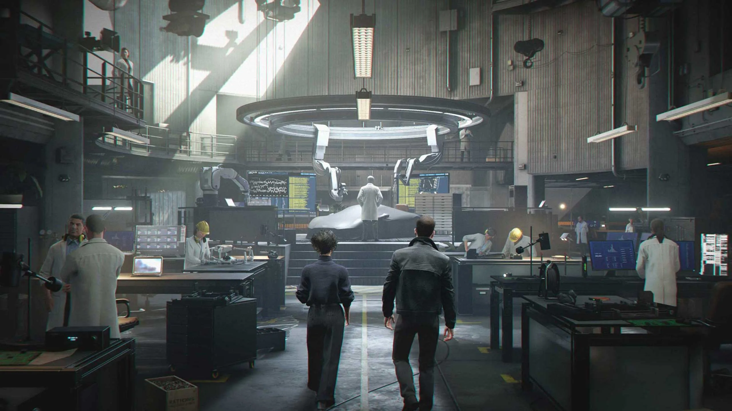 James Bond and Q walking through the Q-Lab in 007 First Light