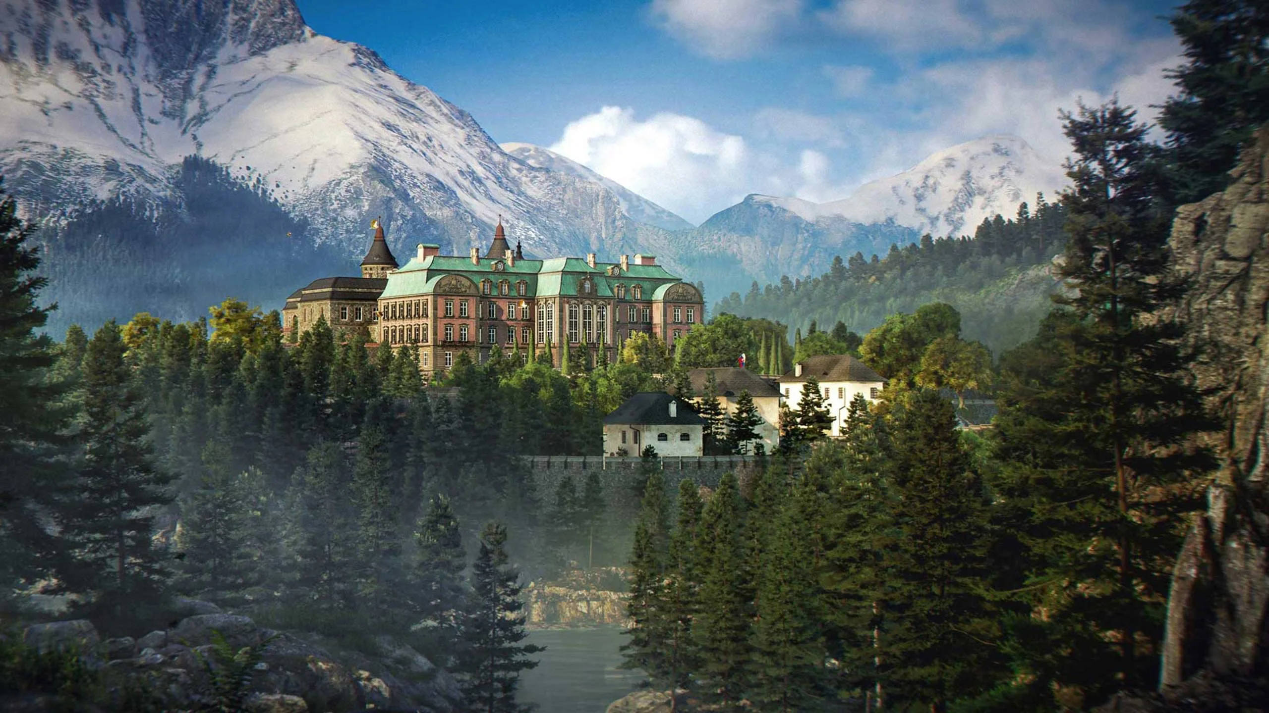 The Grand Carpathian Hotel beneath mountains in 007 First Light