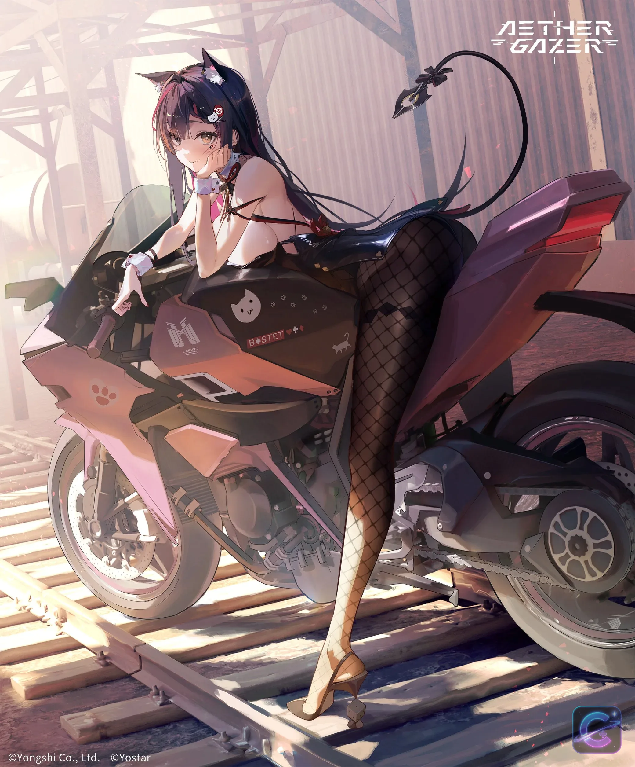 Bastet poses beside a motorcycle and railway tracks in official Aether Gazer artwork.