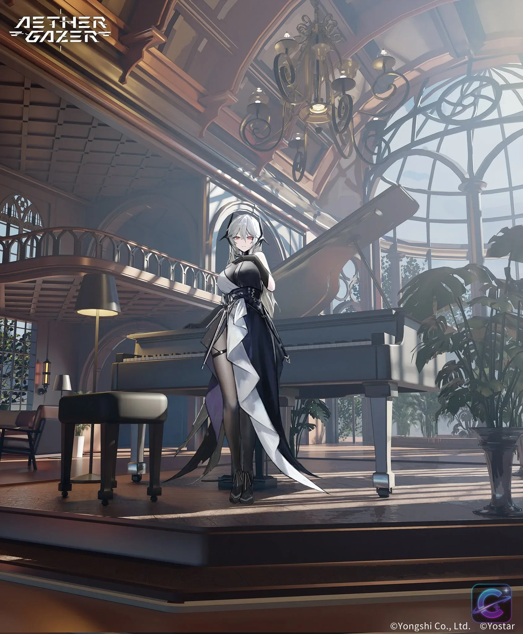 Hades sits elegantly beside a piano in official Aether Gazer artwork.