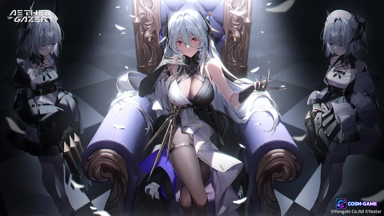 Hades seated in an armchair with a dark theatrical setting around her.
