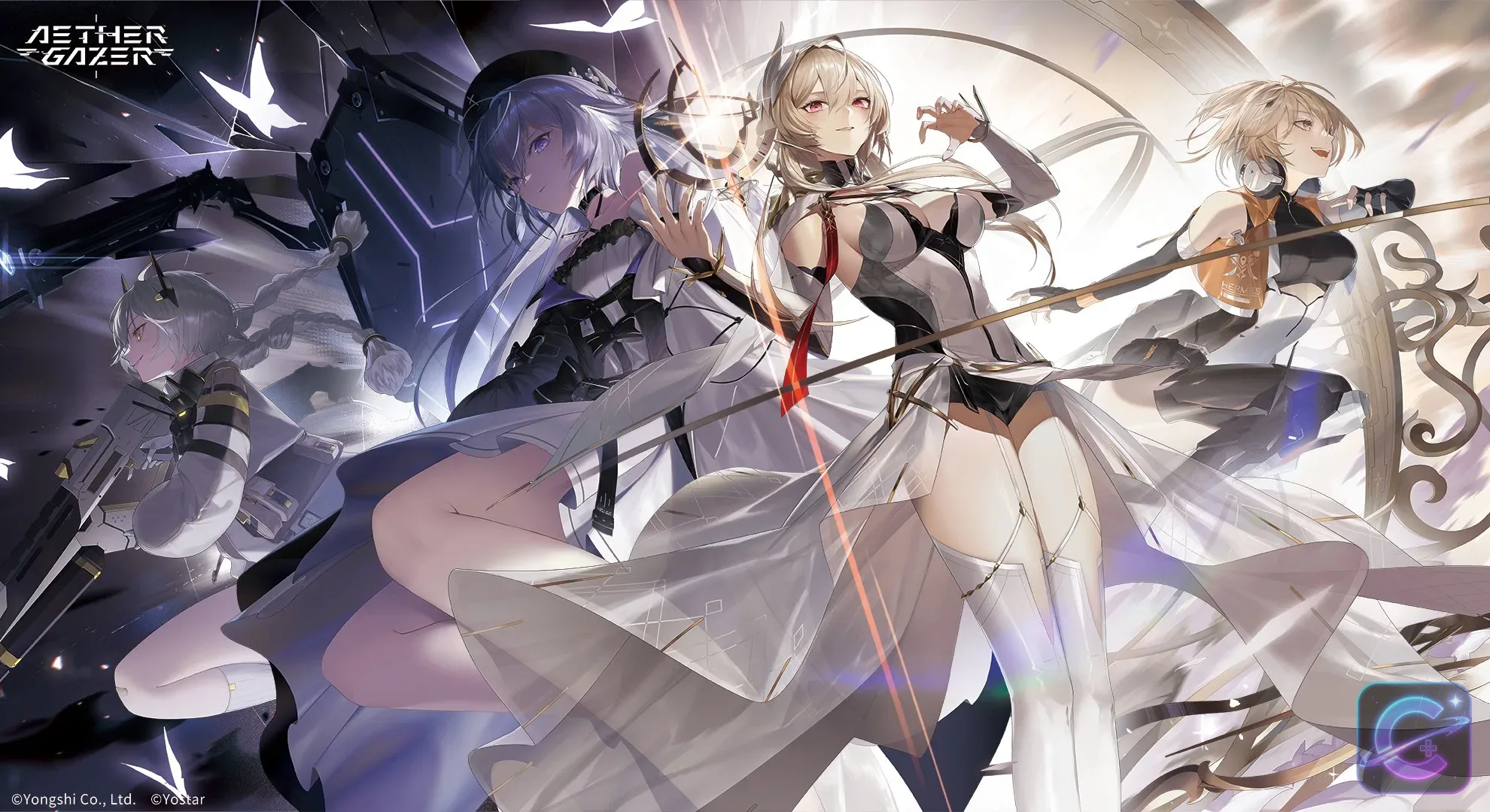 Hel, Hera, Zenkibo Tengu, and Hermes gather together in official Aether Gazer artwork.