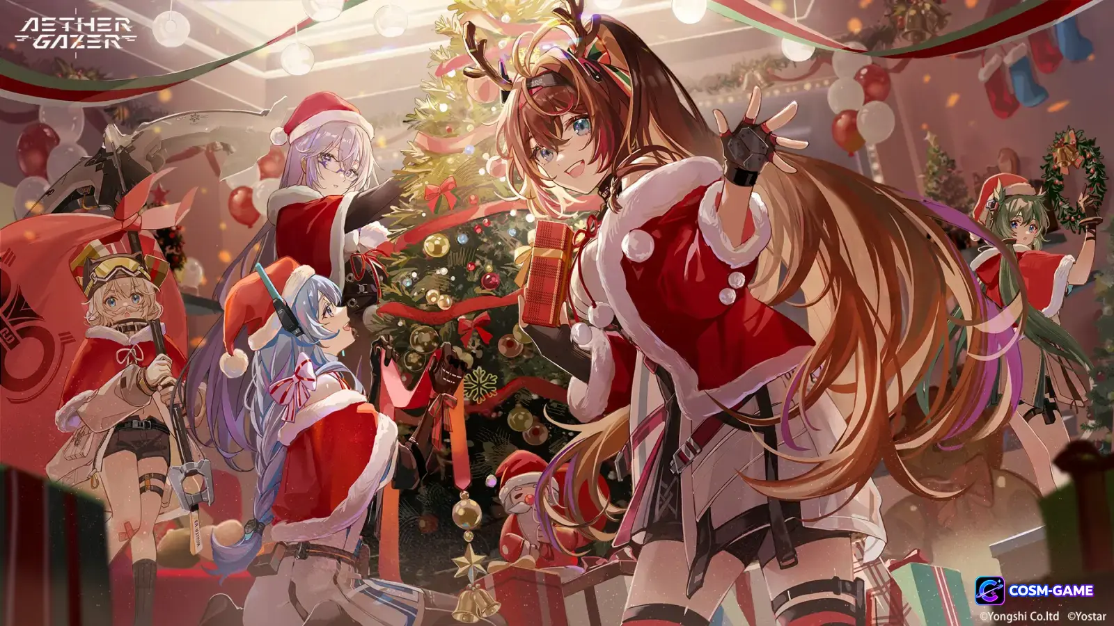 Hodur, Leviathan, Osiris, Poseidon, and Verthandi gathered around Christmas decorations.