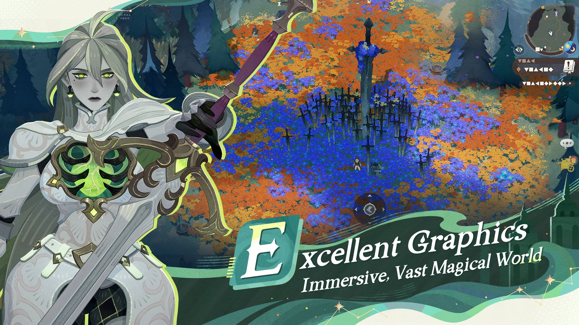 AFK Journey promotional image representing the illustrated overworld and environmental exploration