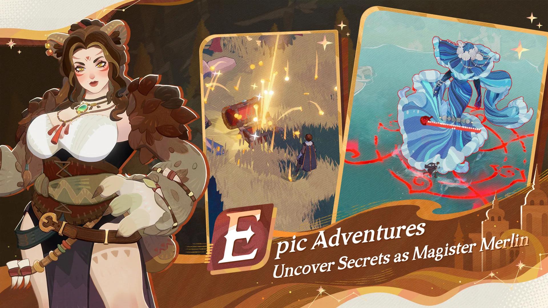AFK Journey promotional image representing Merlin's seasonal adventures, quests and character encounters