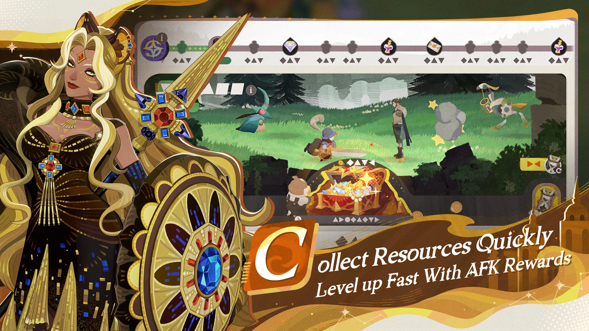 AFK Journey promotional image representing offline resource collection and shared hero progression