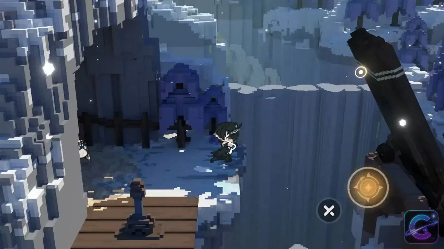 A chibi Fire Keeper jumps across a deep frozen chasm surrounded by layered voxel cliffs.