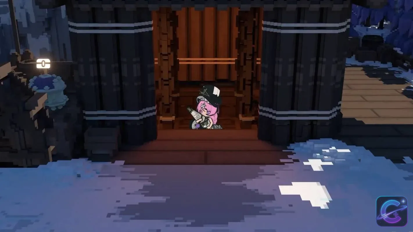 A pink-haired companion stands inside a dark voxel structure while exploring a snowy region.