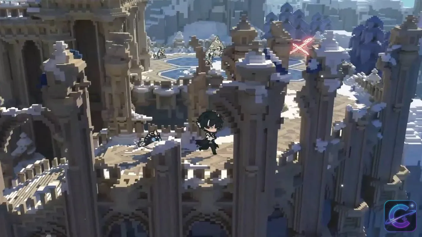 A chibi Fire Keeper leaps between towering voxel ruins filled with platforms and hidden routes.