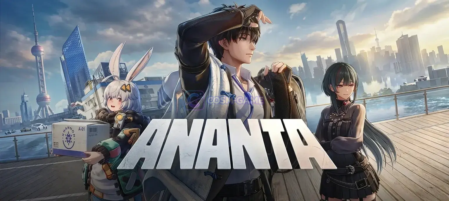 ANANTA key art showing several characters falling through the sky above a sprawling anime-style city