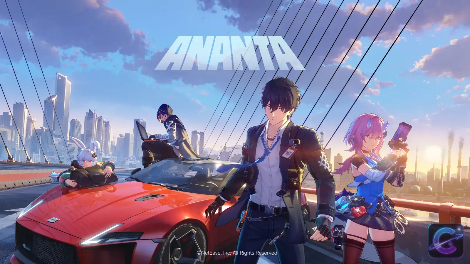 The Captain and several ANANTA characters standing beside a red sports car with Nova City behind them.