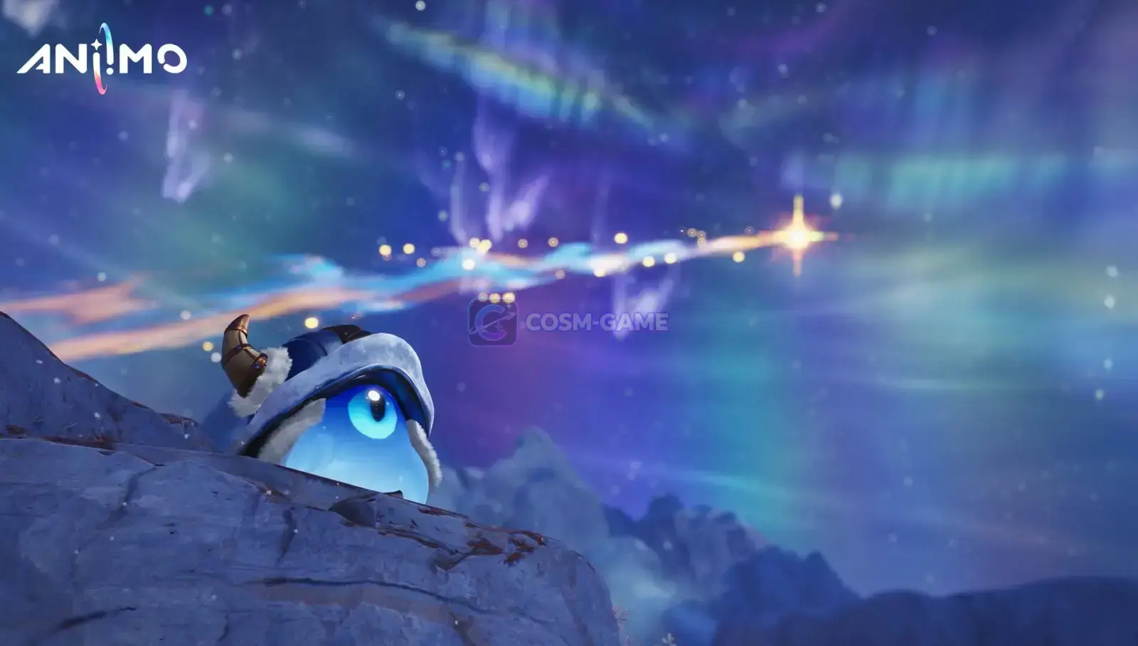 A small blue Aniimo peers over a rocky ledge beneath a glowing aurora-filled night sky.