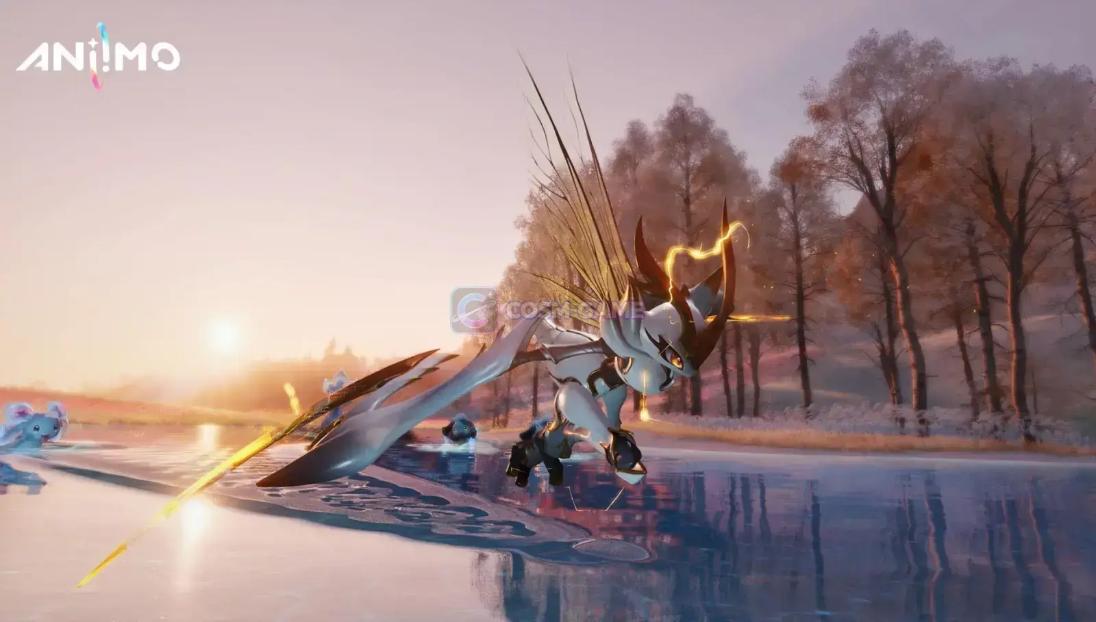 A winged armored Aniimo stands on a frozen lake at sunset with smaller creatures nearby.