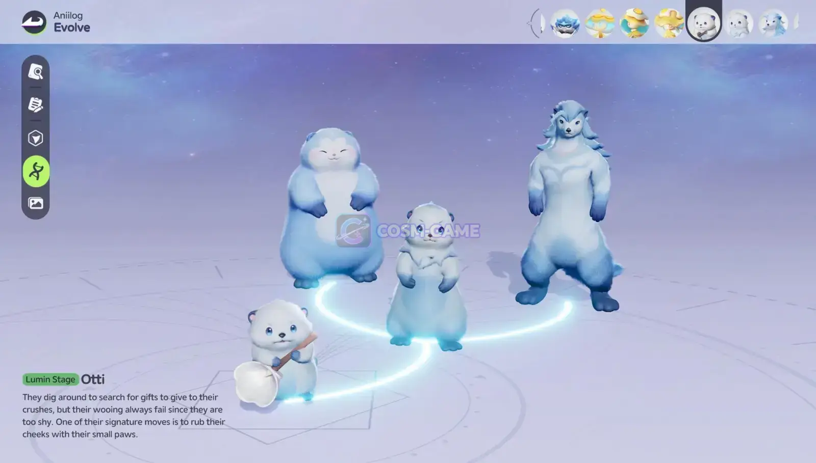 The Aniilog evolution screen displays Otti beside several larger evolution forms.