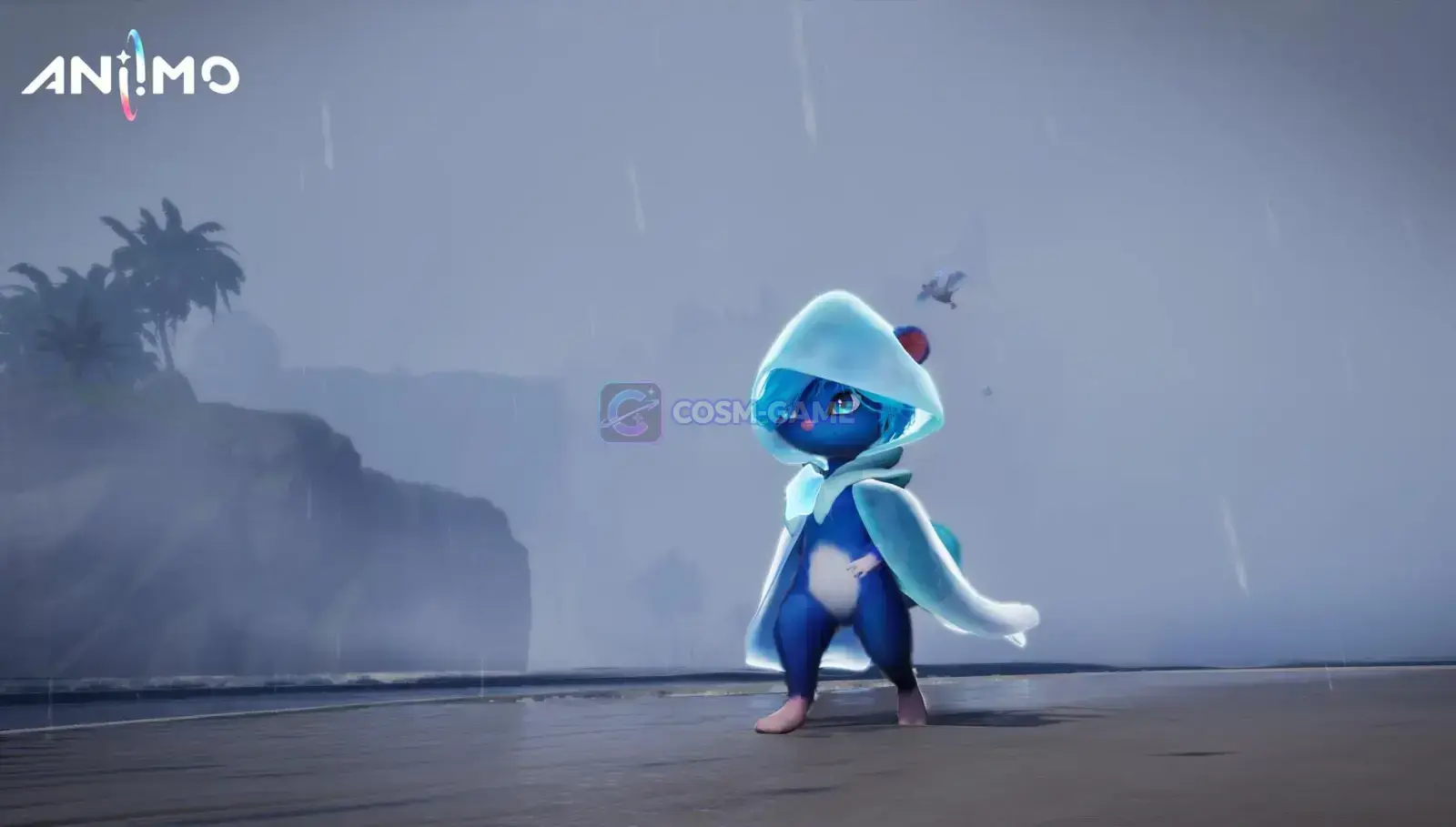 A blue hooded Stellarys stands outdoors during heavy rain.