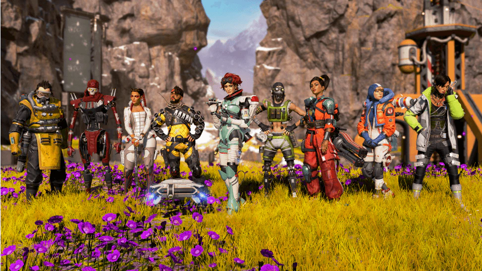 Apex Legends characters assembled together in an outdoor arena