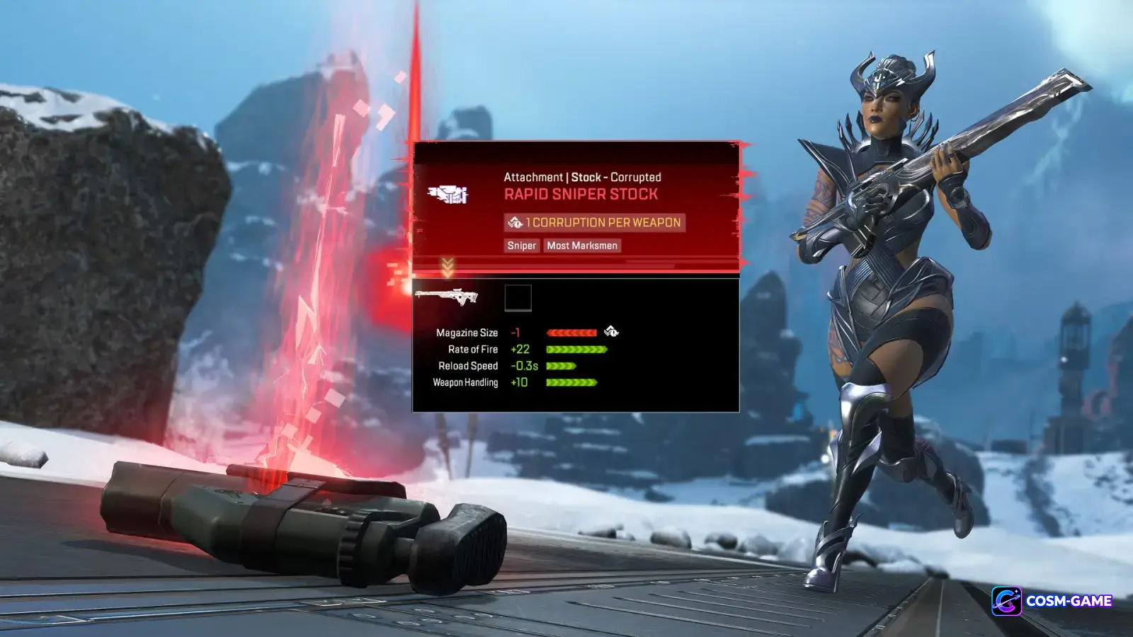 A Corrupted sniper stock card displays weapon stat tradeoffs.