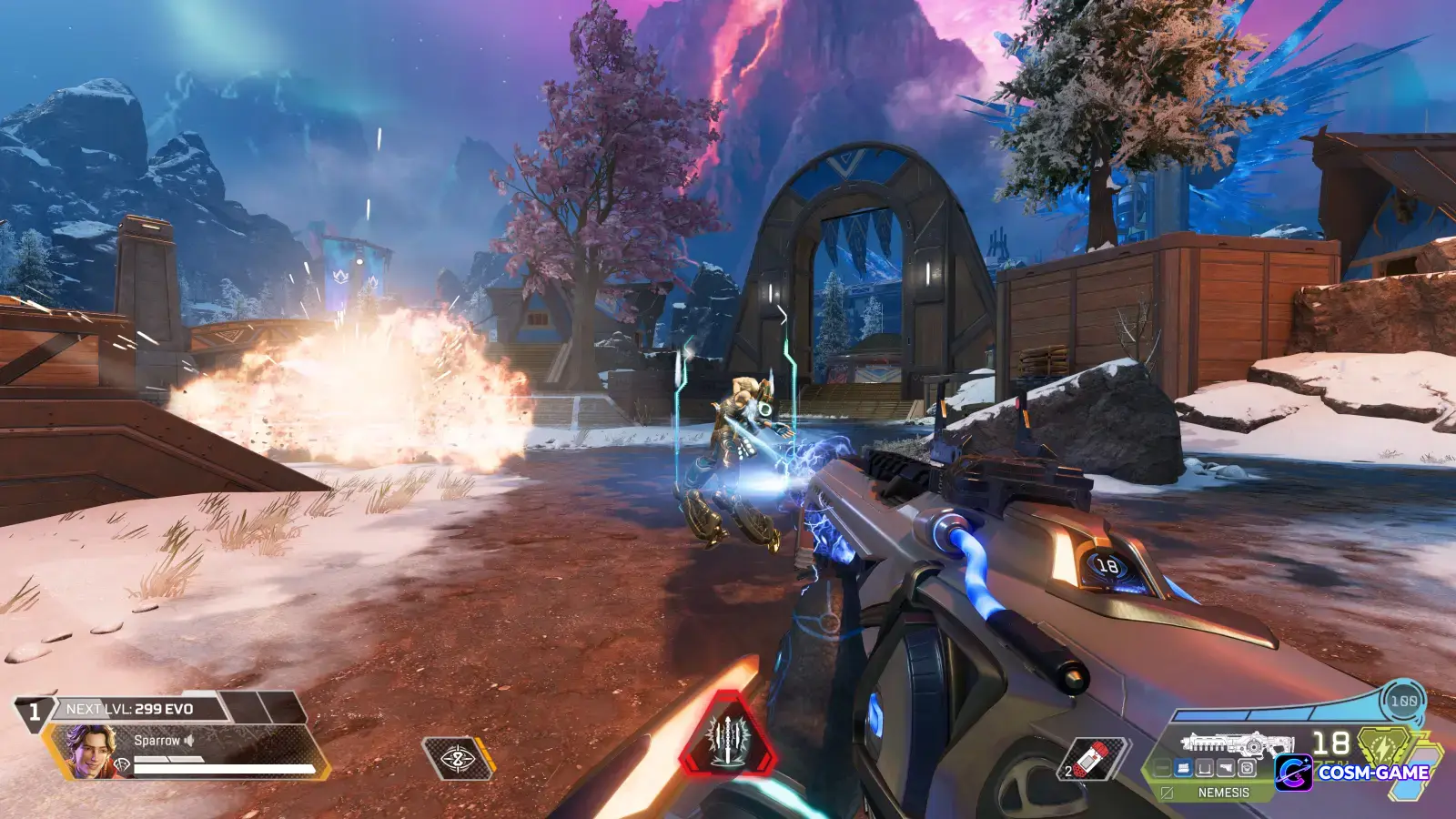 Sparrow fires a Nemesis at Conduit while the weapon interface displays its energy stockpile.