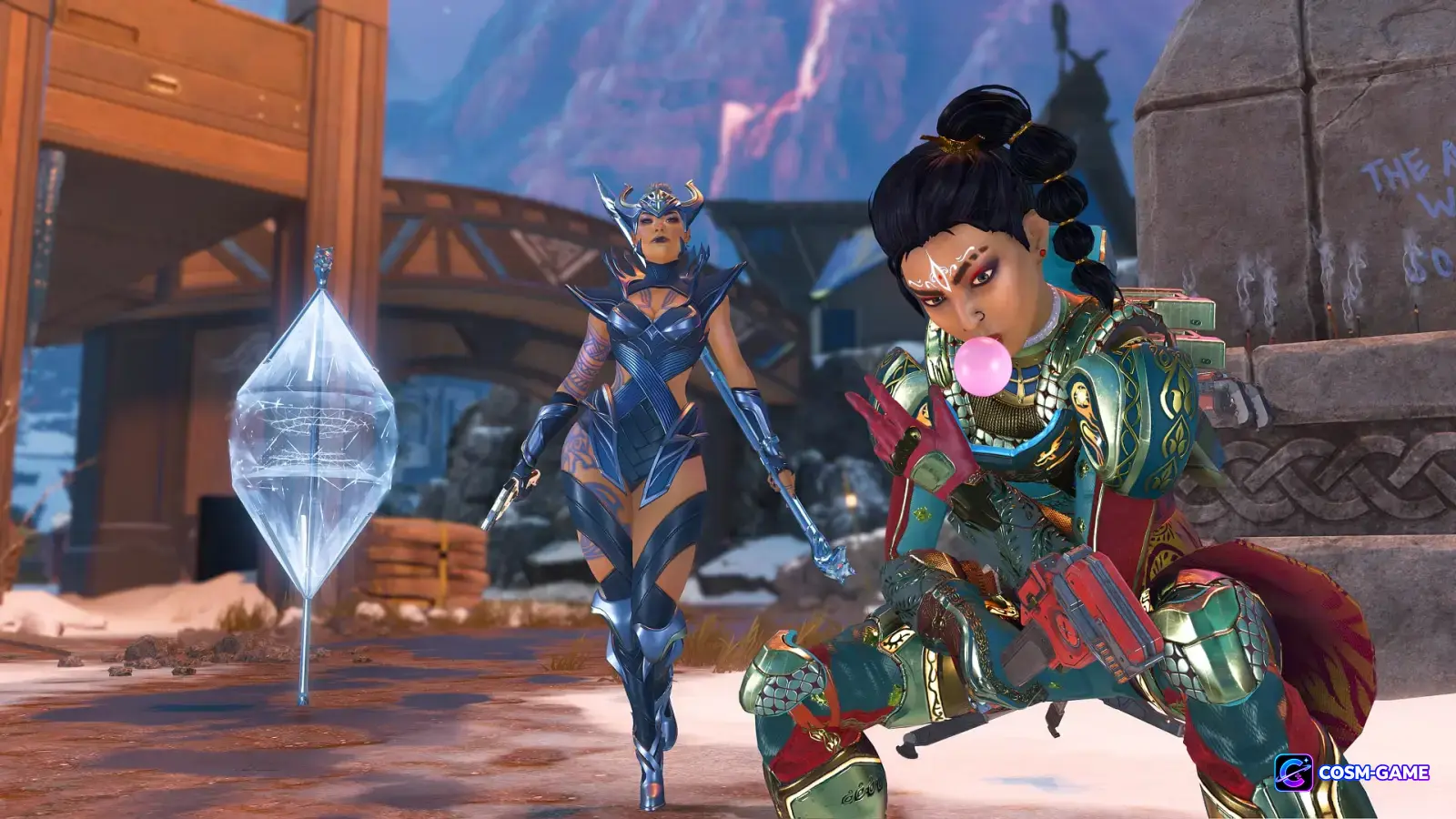 Rampart crouches in front of Loba and her Black Market.