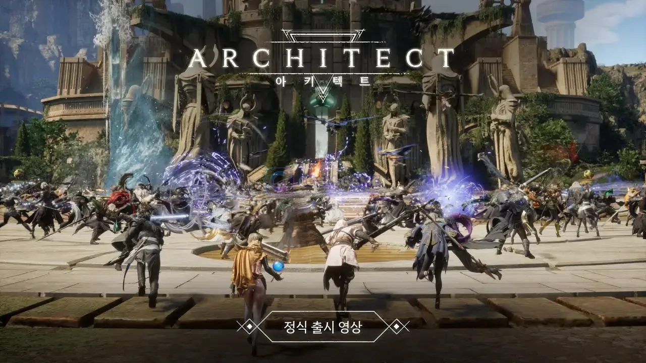 Architect: Land of Exiles gameplay showing multiple characters fighting in a large fantasy environment.