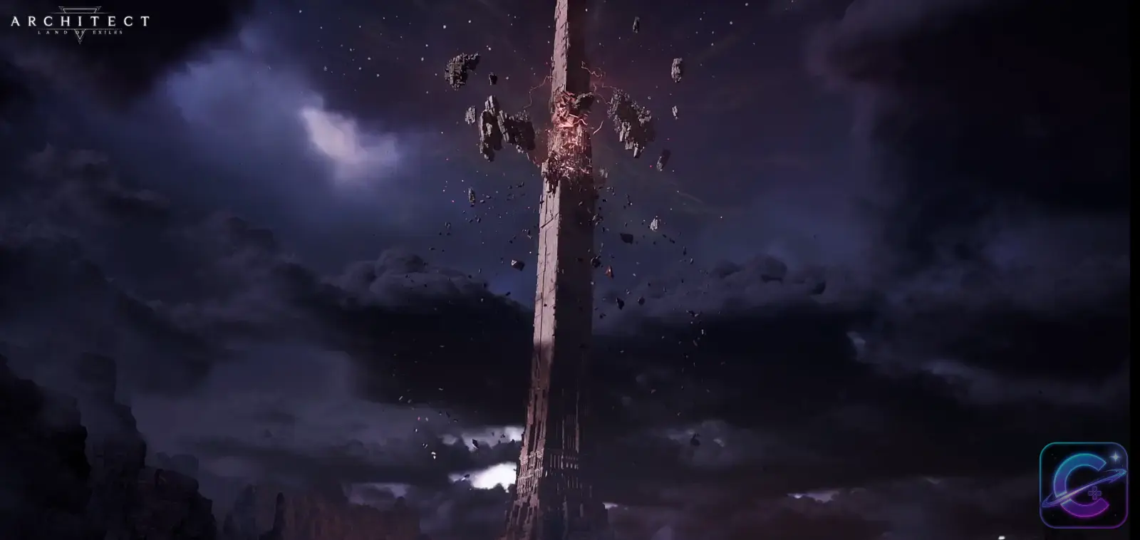 The Tower of Titans rising into a dark stormy sky.