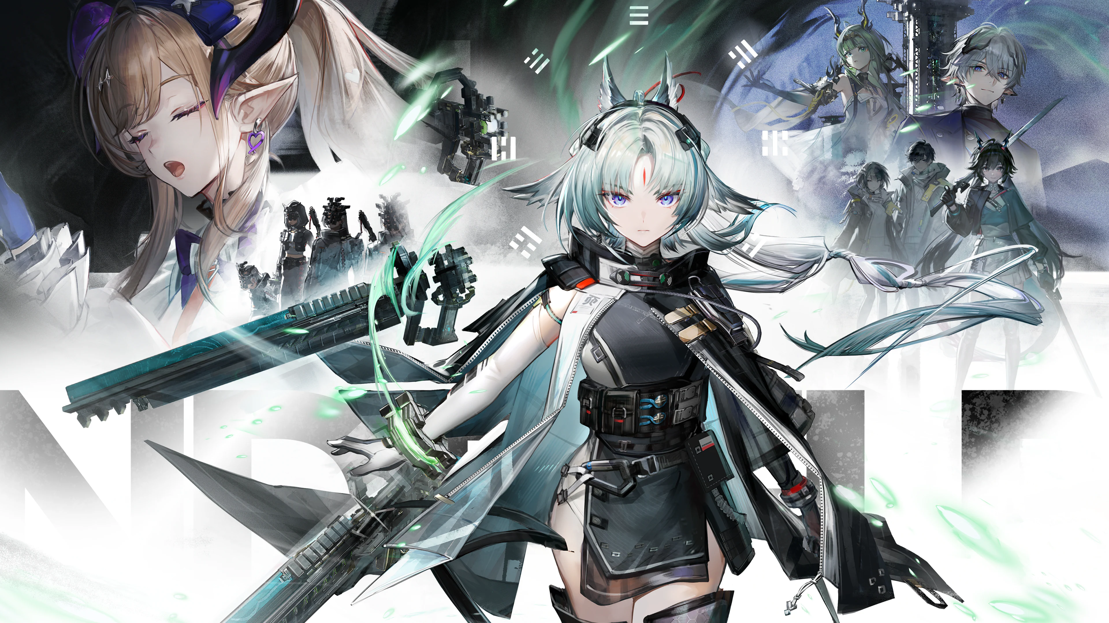 A silver-haired operator stands in the foreground while several other operators appear behind her in a white and teal composition.