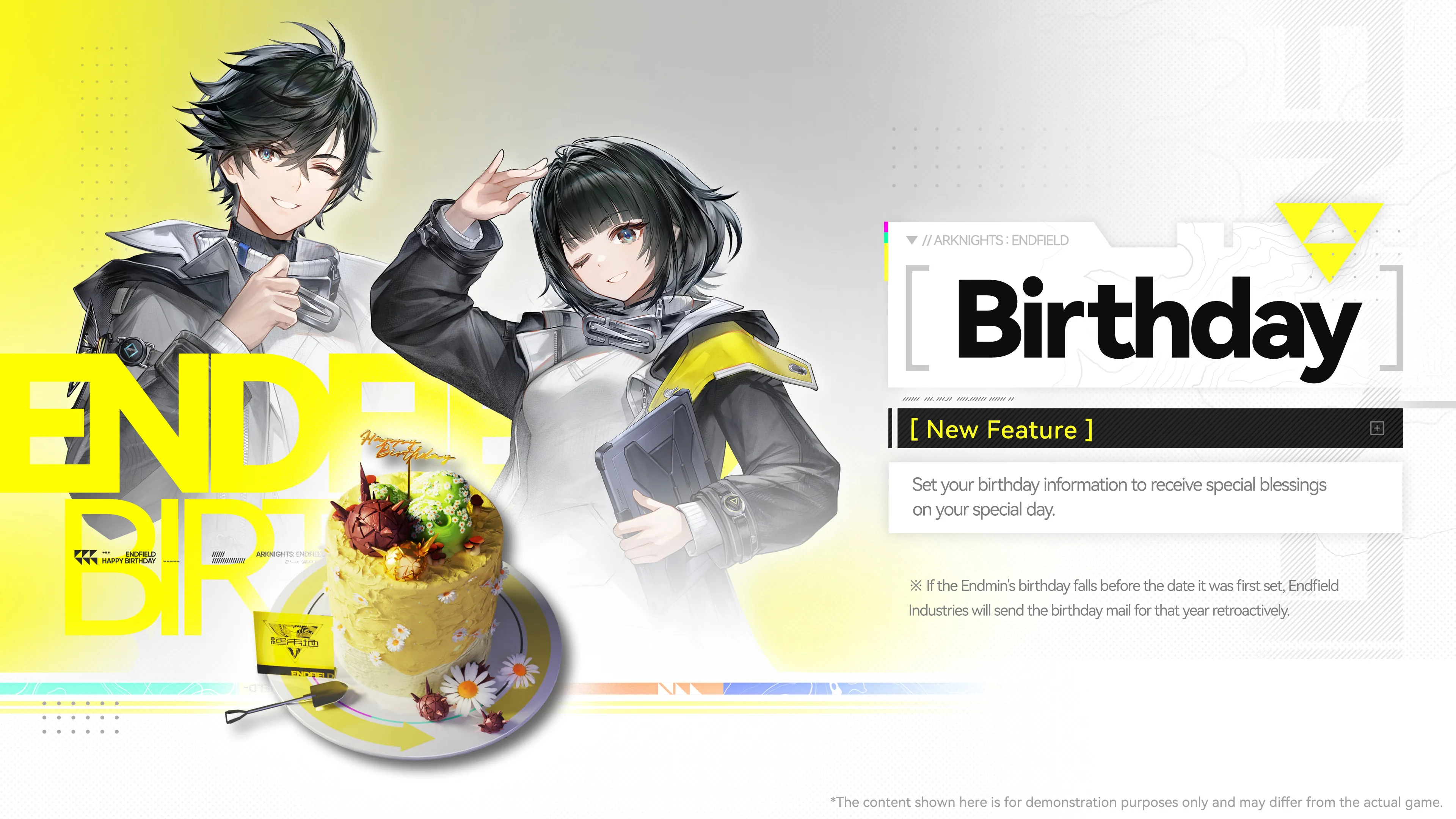 The male and female Endministrator stand beside a birthday cake on the Birthday feature screen.