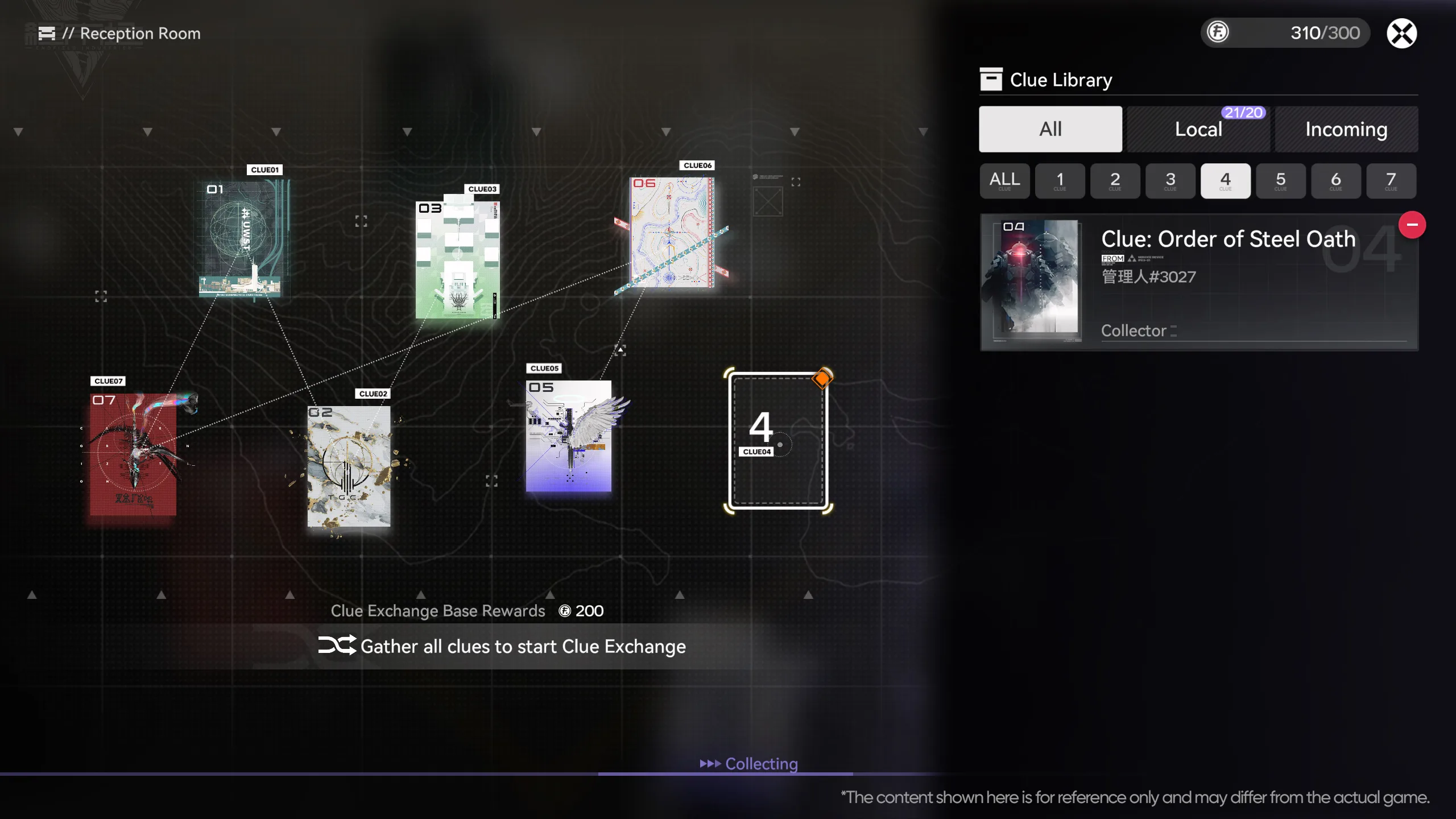 The Clue Library connects collected clues across the Reception Room interface.