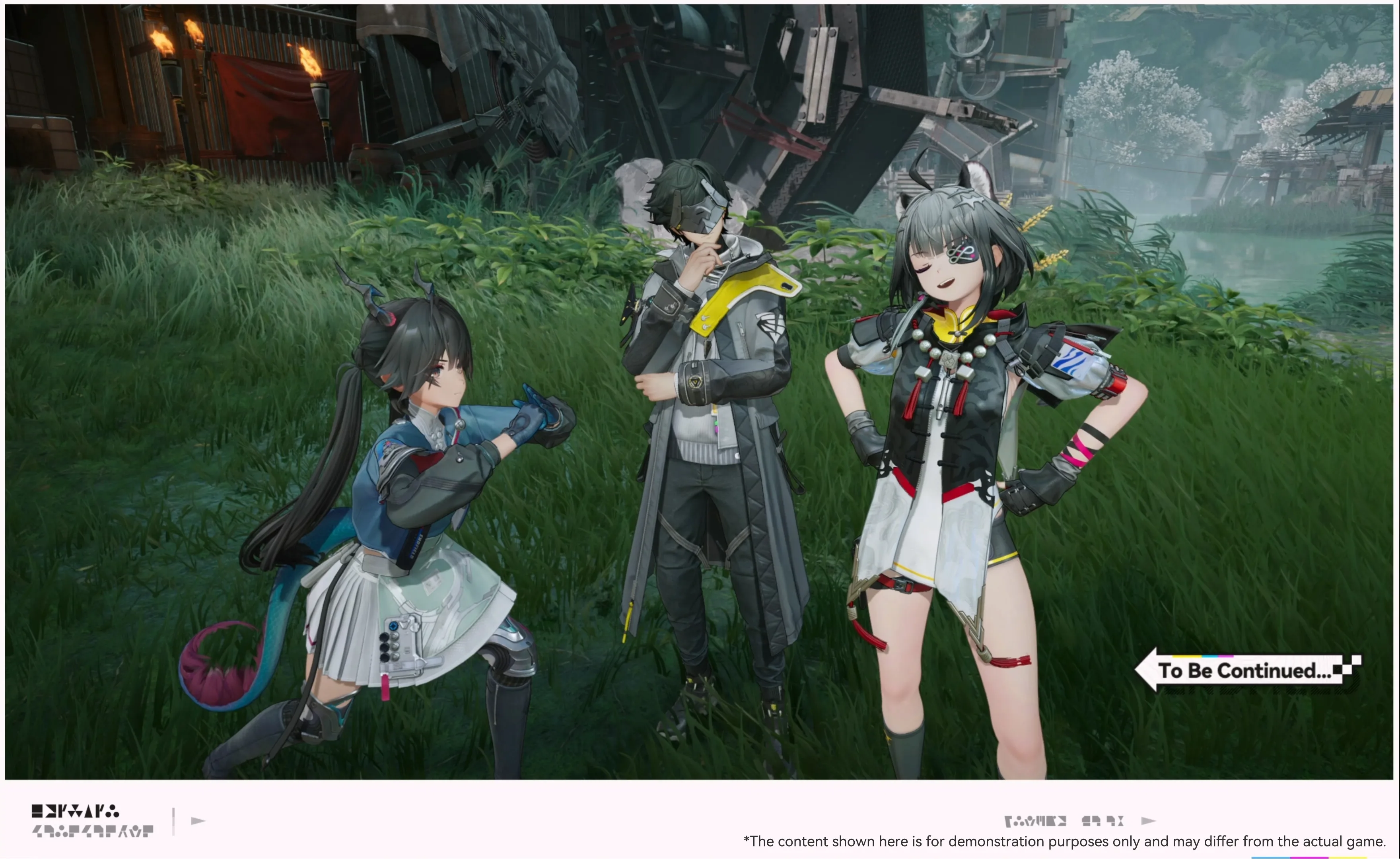 Three operators stand together in a green Wuling settlement at the end of a story scene.