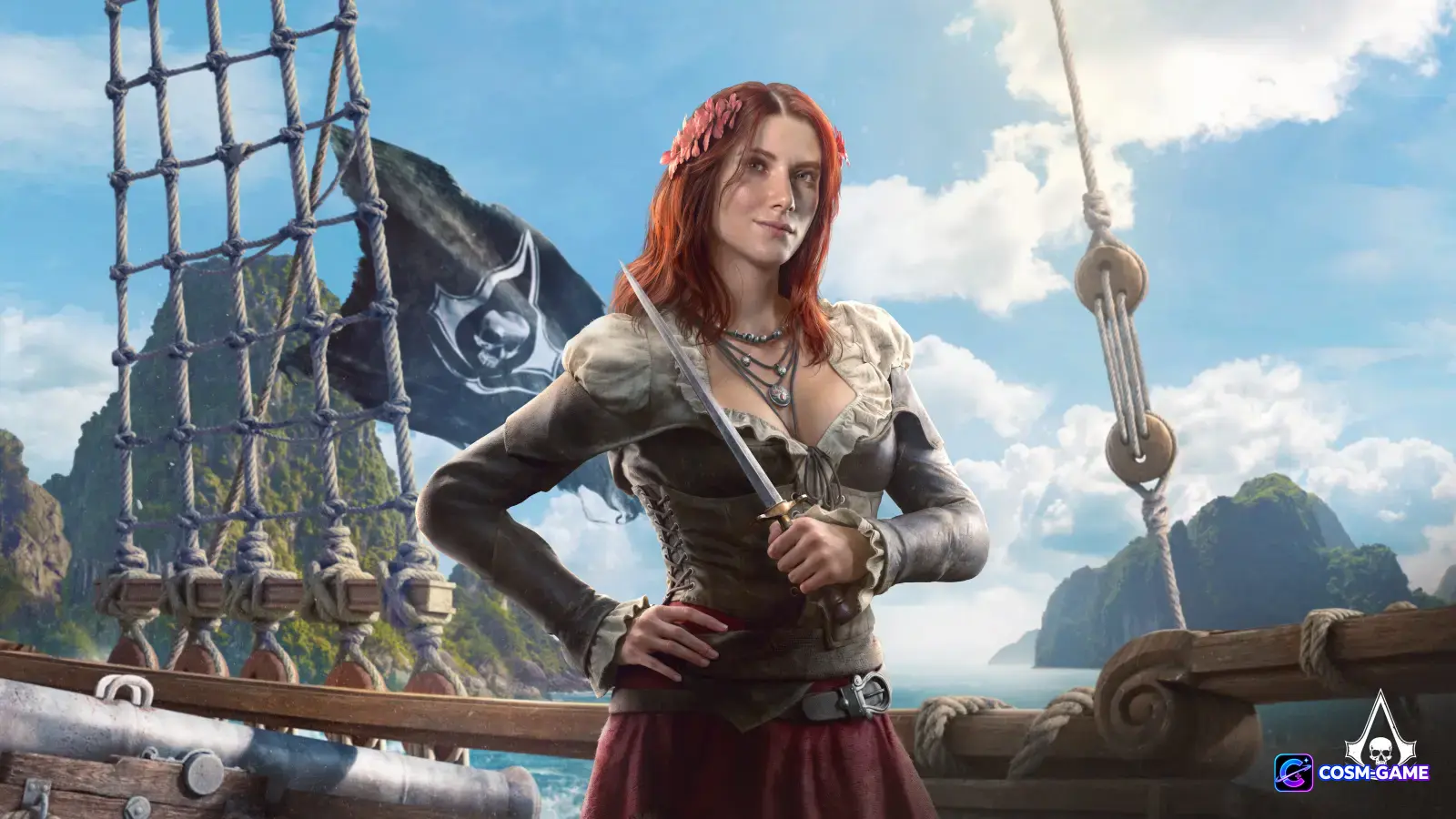 Anne Bonny appears in pirate clothing during a close character portrait.
