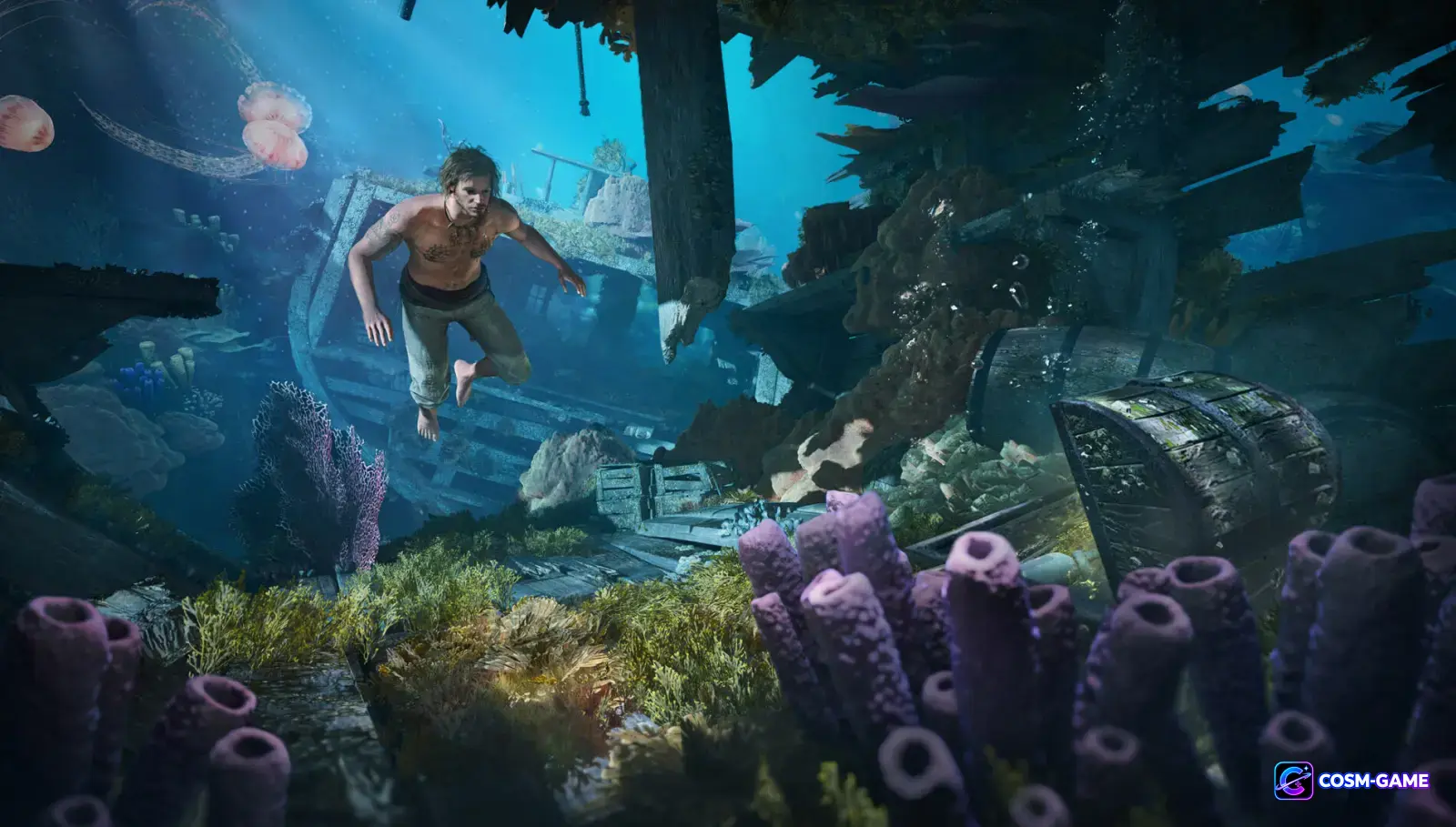 Edward Kenway swims through a submerged shipwreck surrounded by coral, marine plants, and broken wooden beams.