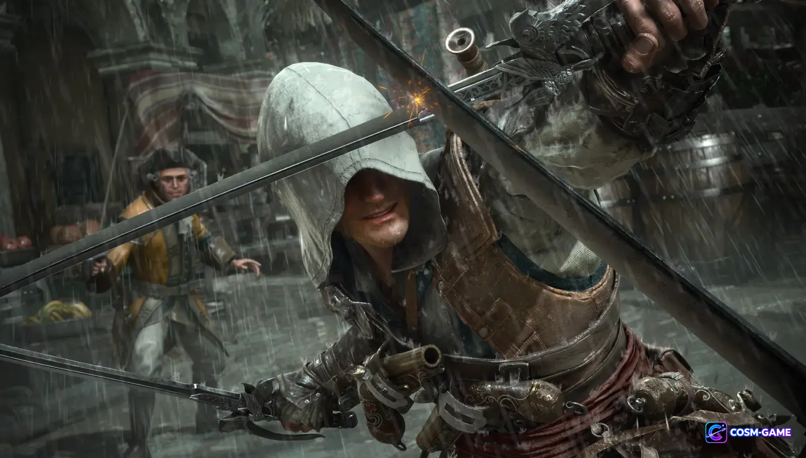 Edward Kenway blocks an enemy attack during a close-range sword fight in the Caribbean.