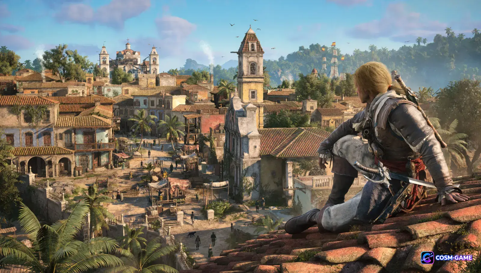 Edward Kenway crouches on a tiled rooftop overlooking Havana's streets, churches, and tropical hills.