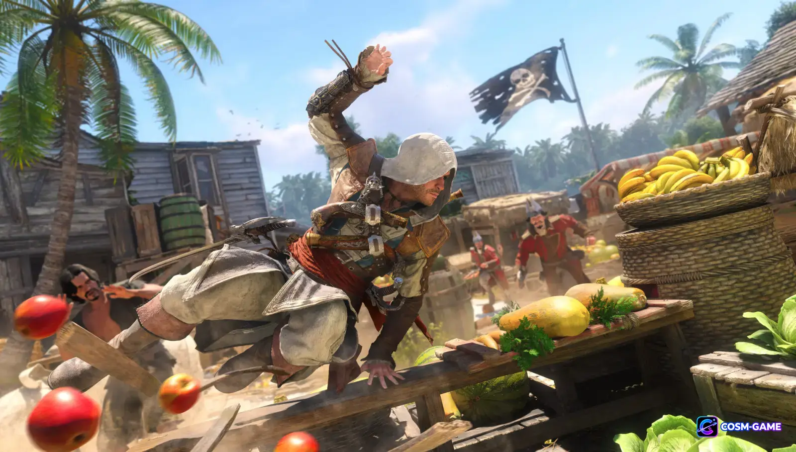 Edward Kenway vaults across a wooden market stall as fruit scatters beneath palm trees.