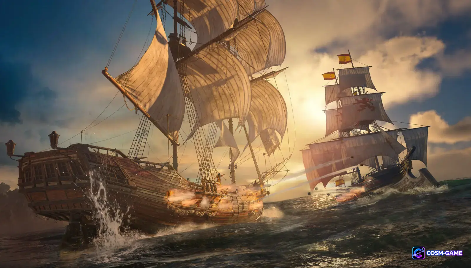 The Jackdaw fires during a naval battle against another sailing ship on the Caribbean sea.