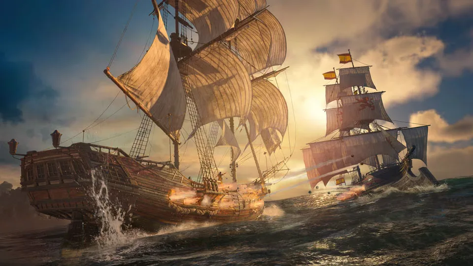 Two sailing ships exchange cannon fire across rough Caribbean water at sunset.