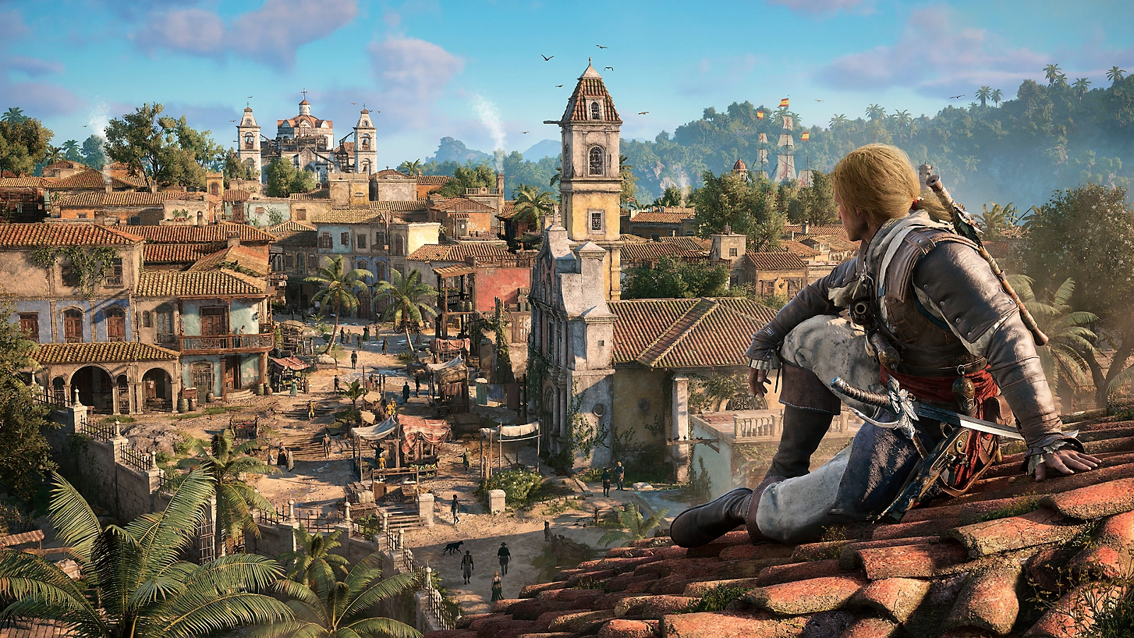 Edward Kenway overlooking a Caribbean town in Assassin's Creed Black Flag Resynced