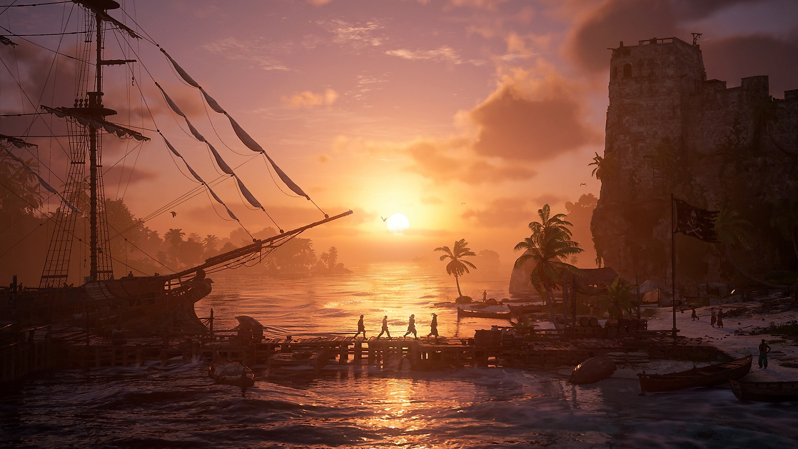 Four crew members walking on a jetty at sunset in Assassin's Creed Black Flag Resynced