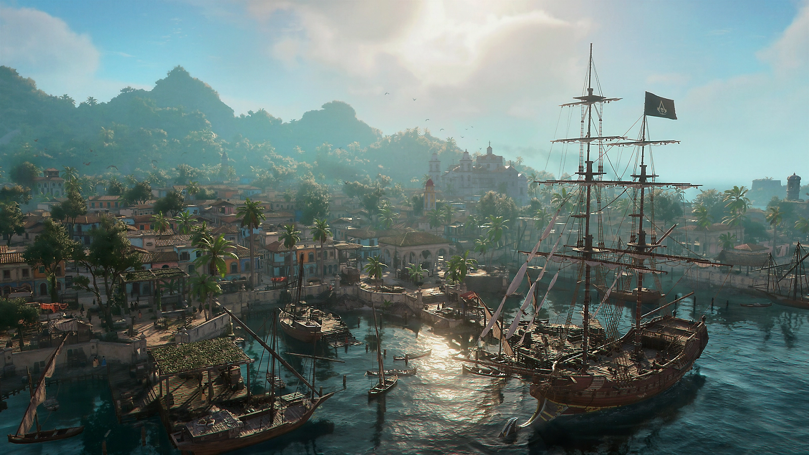 The Jackdaw in a Caribbean harbor in Assassin's Creed Black Flag Resynced