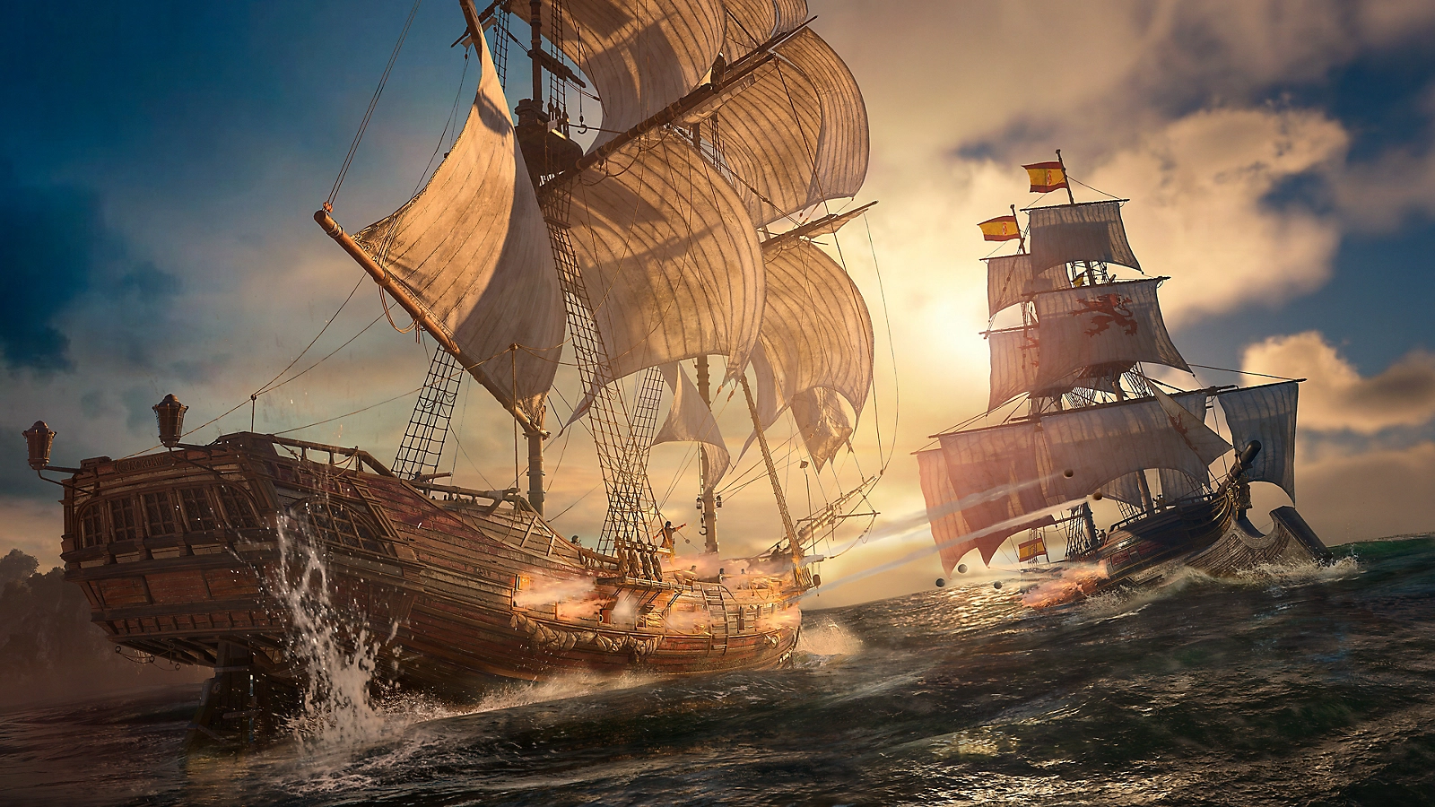 Two ships trading cannon fire in Assassin's Creed Black Flag Resynced
