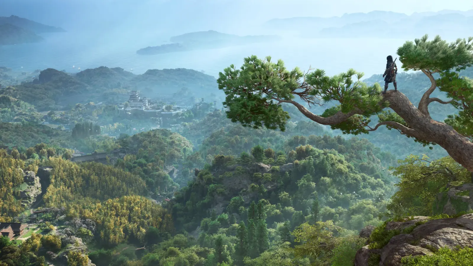 A protagonist overlooks a broad green landscape of forests, mountains, and settlements in feudal Japan.