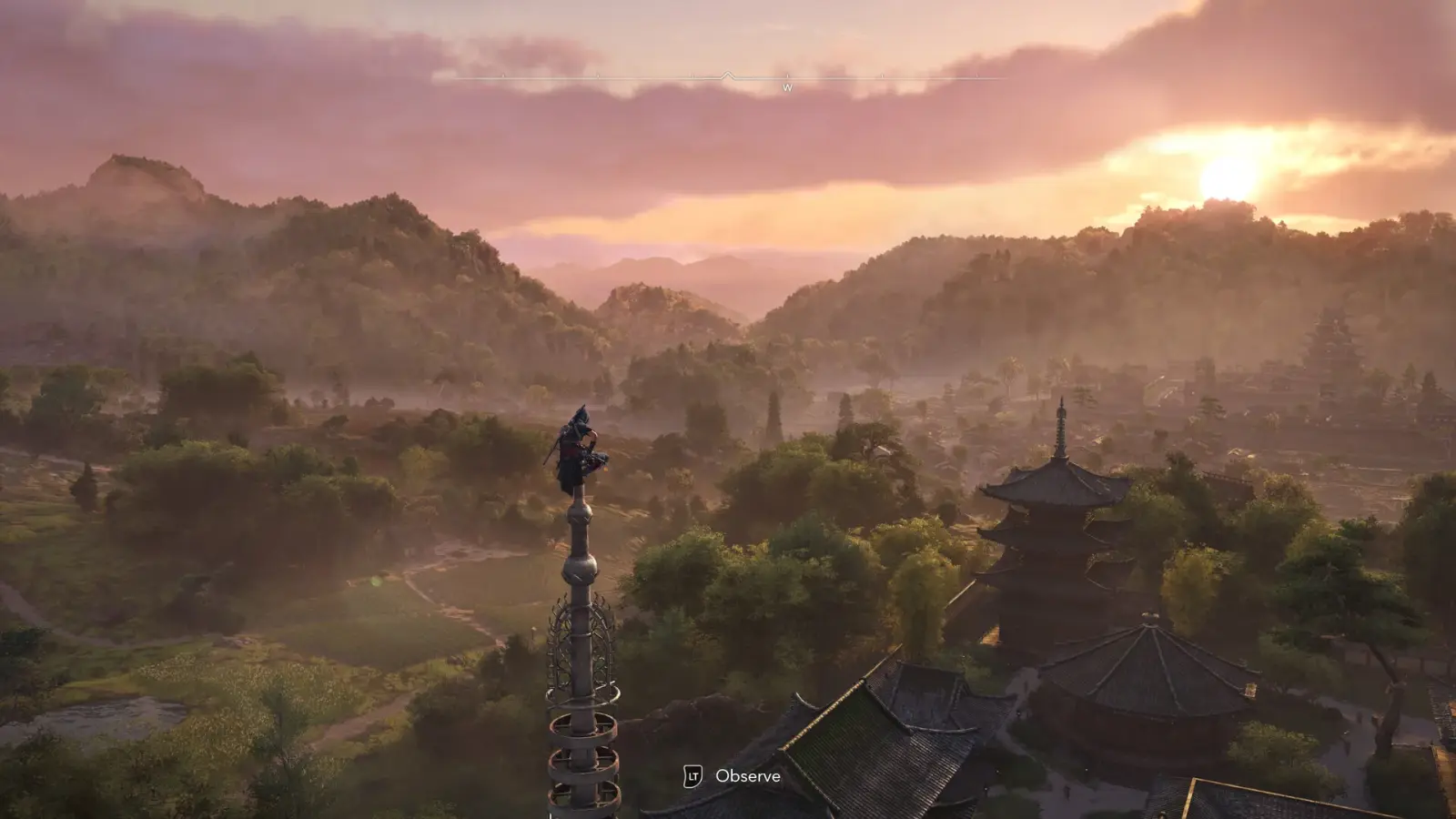 Naoe looks across a sprawling Japanese settlement surrounded by mountains and temple rooftops.