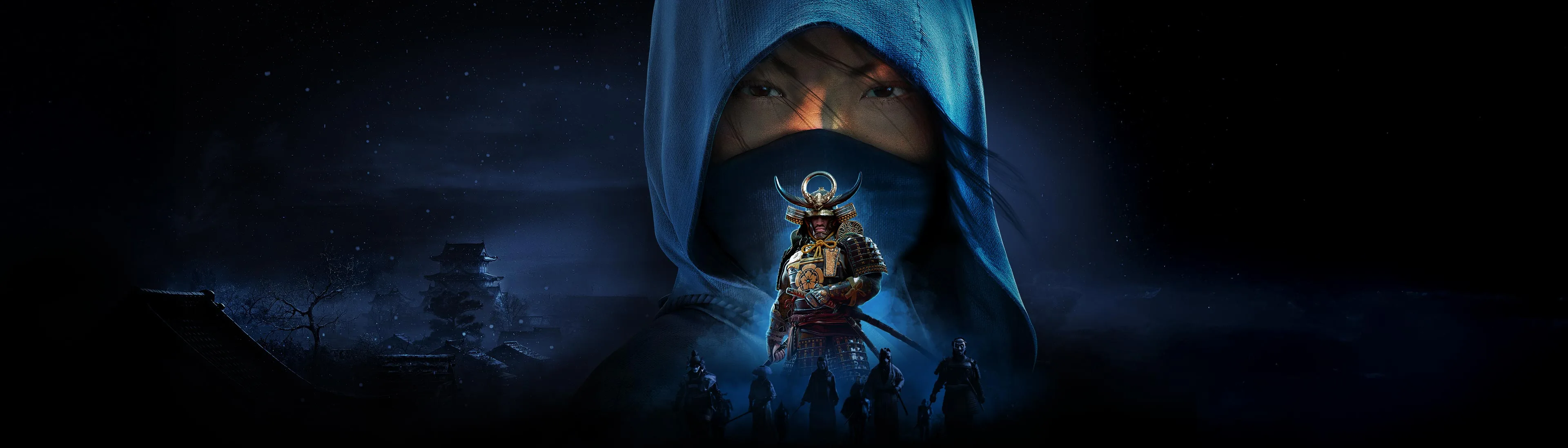 Promotional banner artwork for Assassin's Creed Shadows featuring Naoe and Yasuke.
