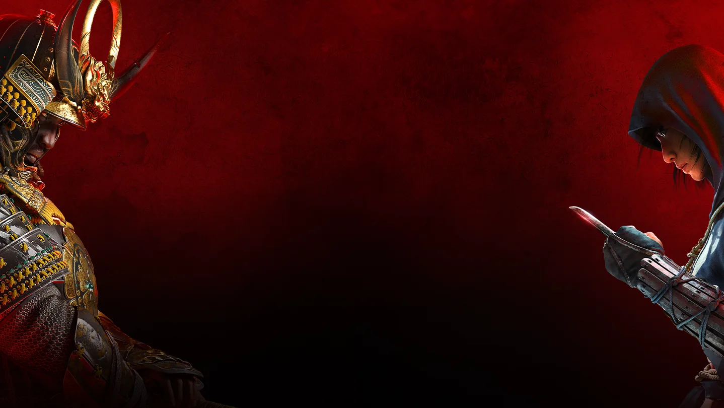 Yasuke in samurai armor and hooded shinobi Naoe face each other across a red Assassin's Creed Shadows background.
