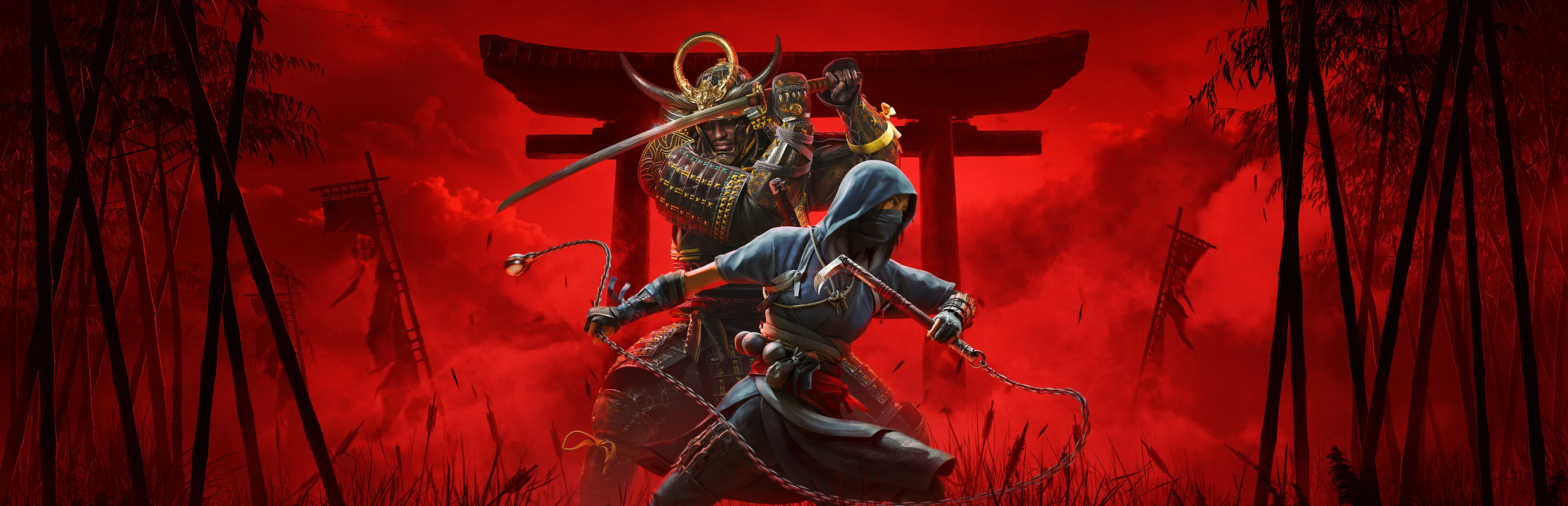Naoe and Yasuke pose before a torii gate in Assassin's Creed Shadows key art.