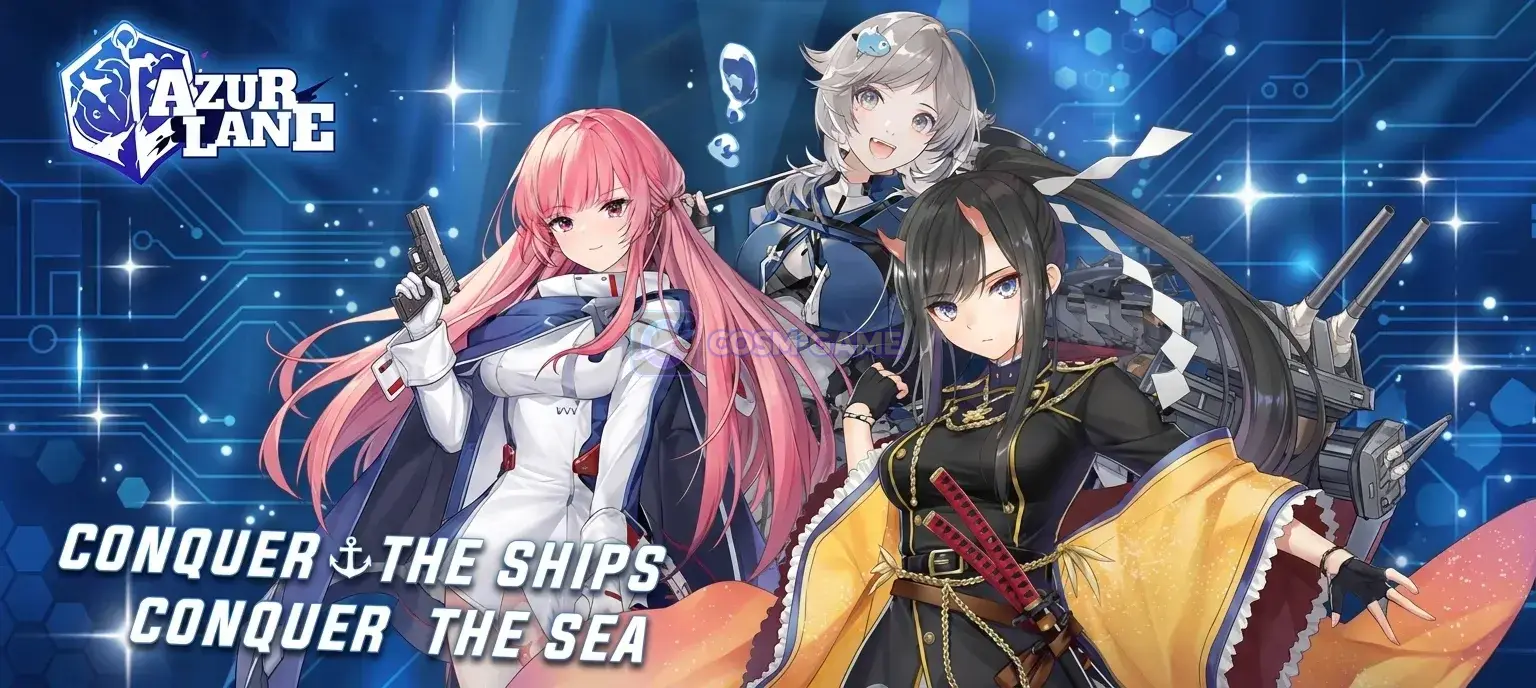 Azur Lane landscape promotional screenshot featuring anime-styled ship characters and the mobile game presentation.