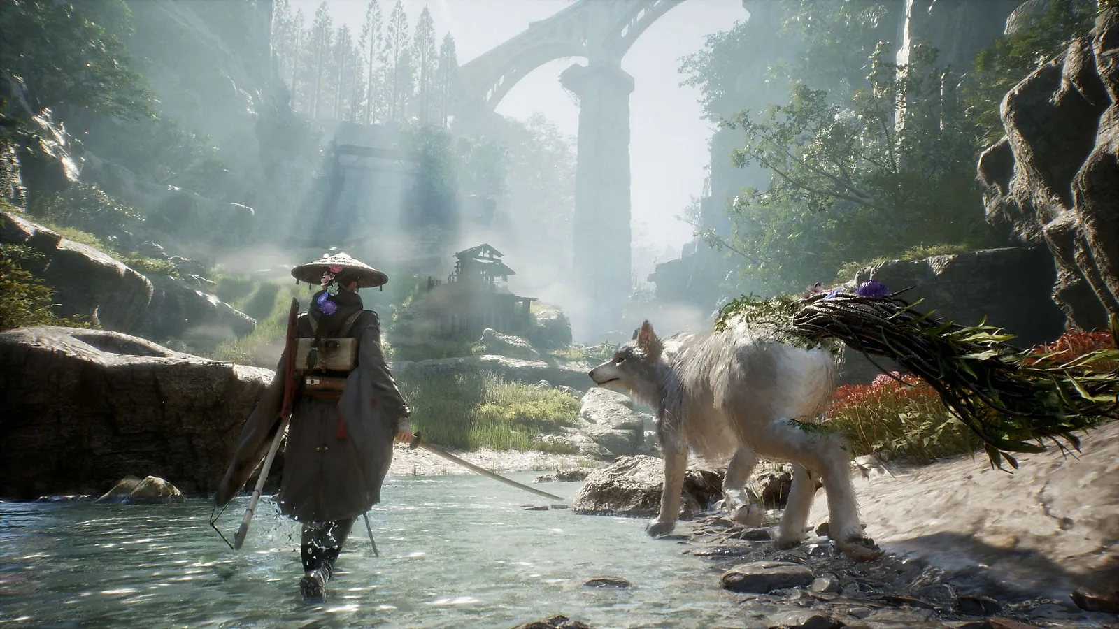 Emma and Koo walking through a stream in Beast of Reincarnation